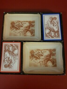 Vintage Set Of 2 Decks Of Playing Cards Matching Glass Ashtrays